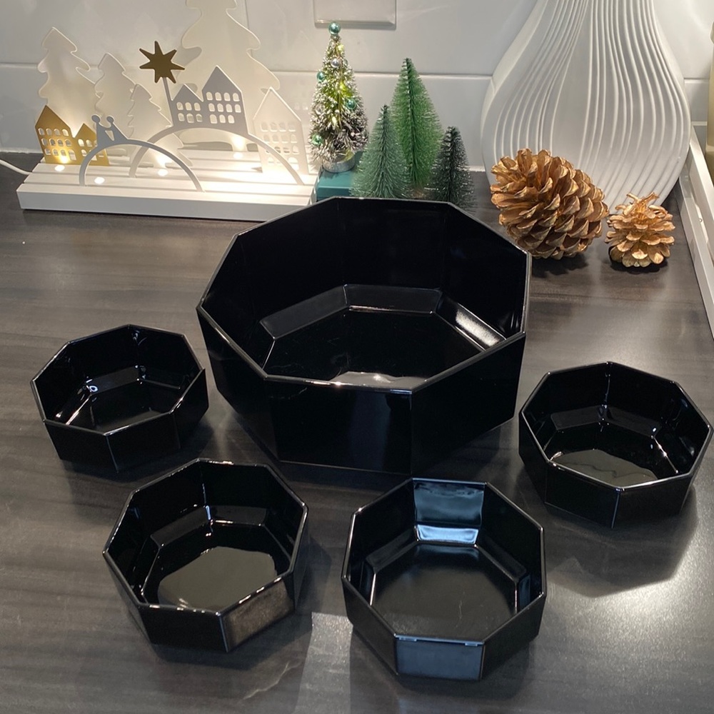 Vintage Arcoroc octogonale black Salad bowl & 4 serving
